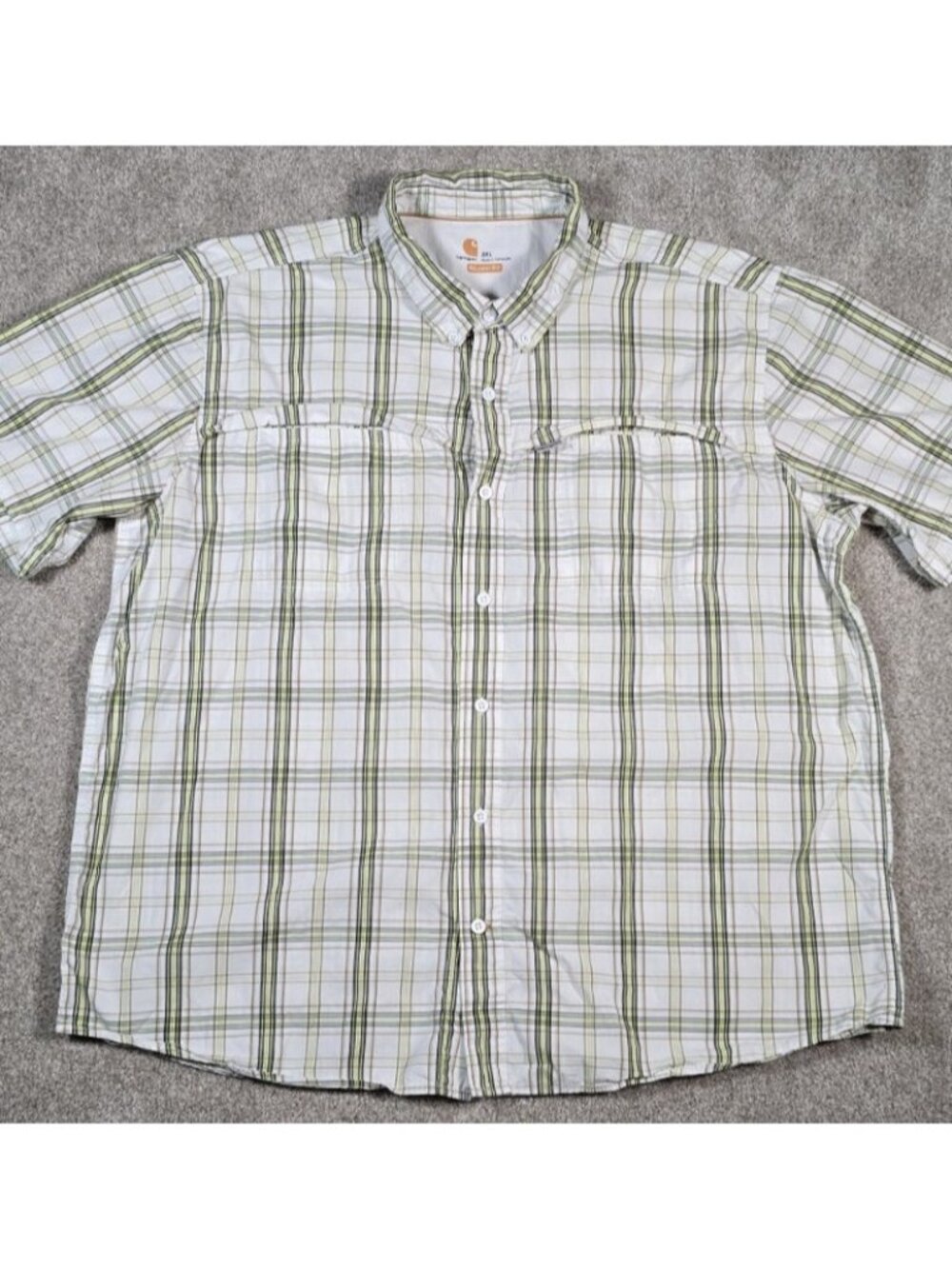 Carhartt Relaxed Fit Vented Short Sleeve Button Down White/Green Plaid Shirt 2XL